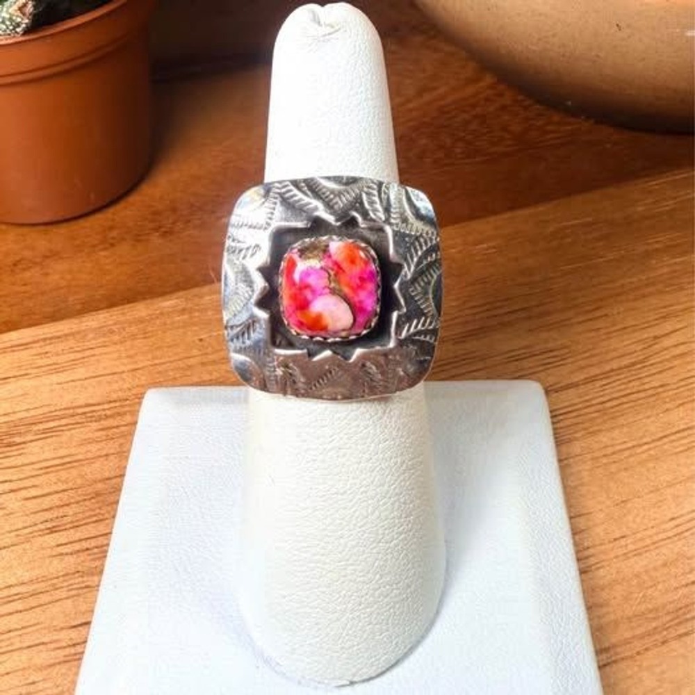 Southwest Pink Dahila Turquoise Ring - Size 6 - .925 Sterling Silver